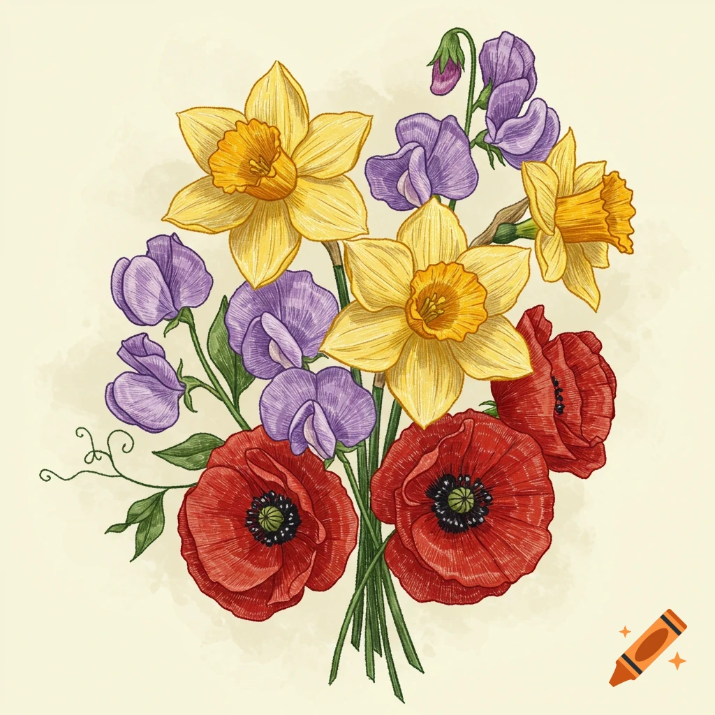 Illustration of a bouquet with yellow daffodils, purple sweet peas, and red poppies.