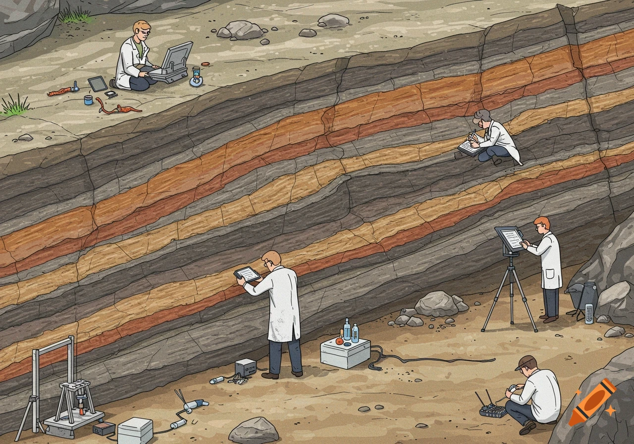 Illustrative scene of scientists studying colored layers of rock with various equipment.