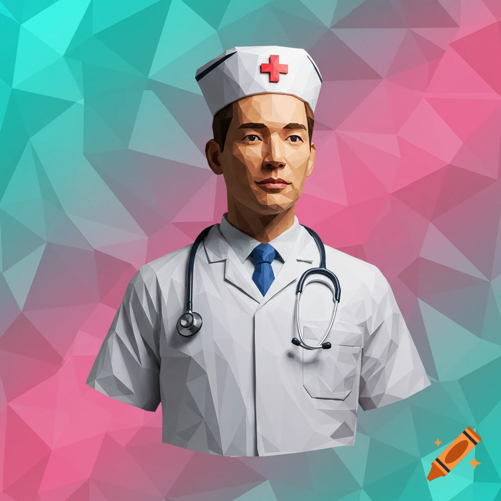 Low poly portrait of a male nurse with a stethoscope against a geometric background.