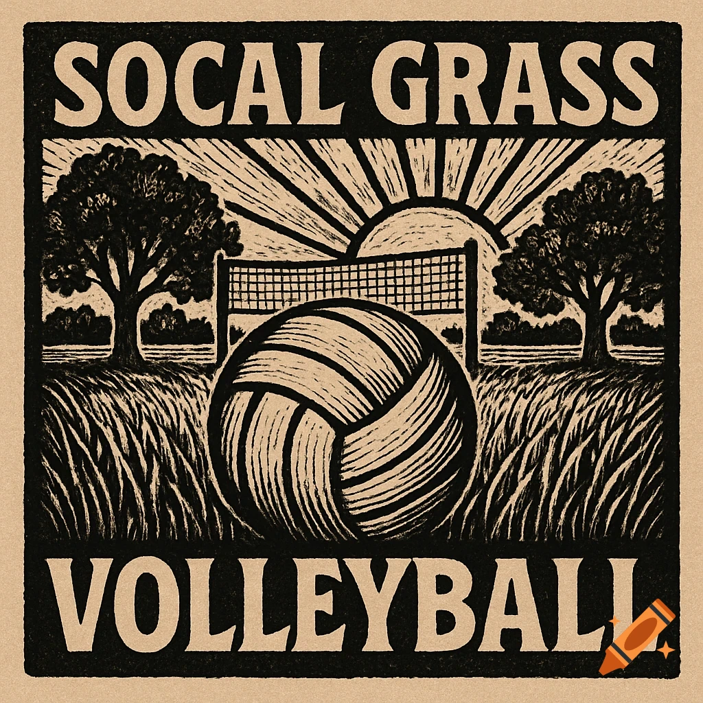 Woodcut design for SOCAL GRASS VOLLEYBALL, showing a volleyball, net, trees, and sunset.