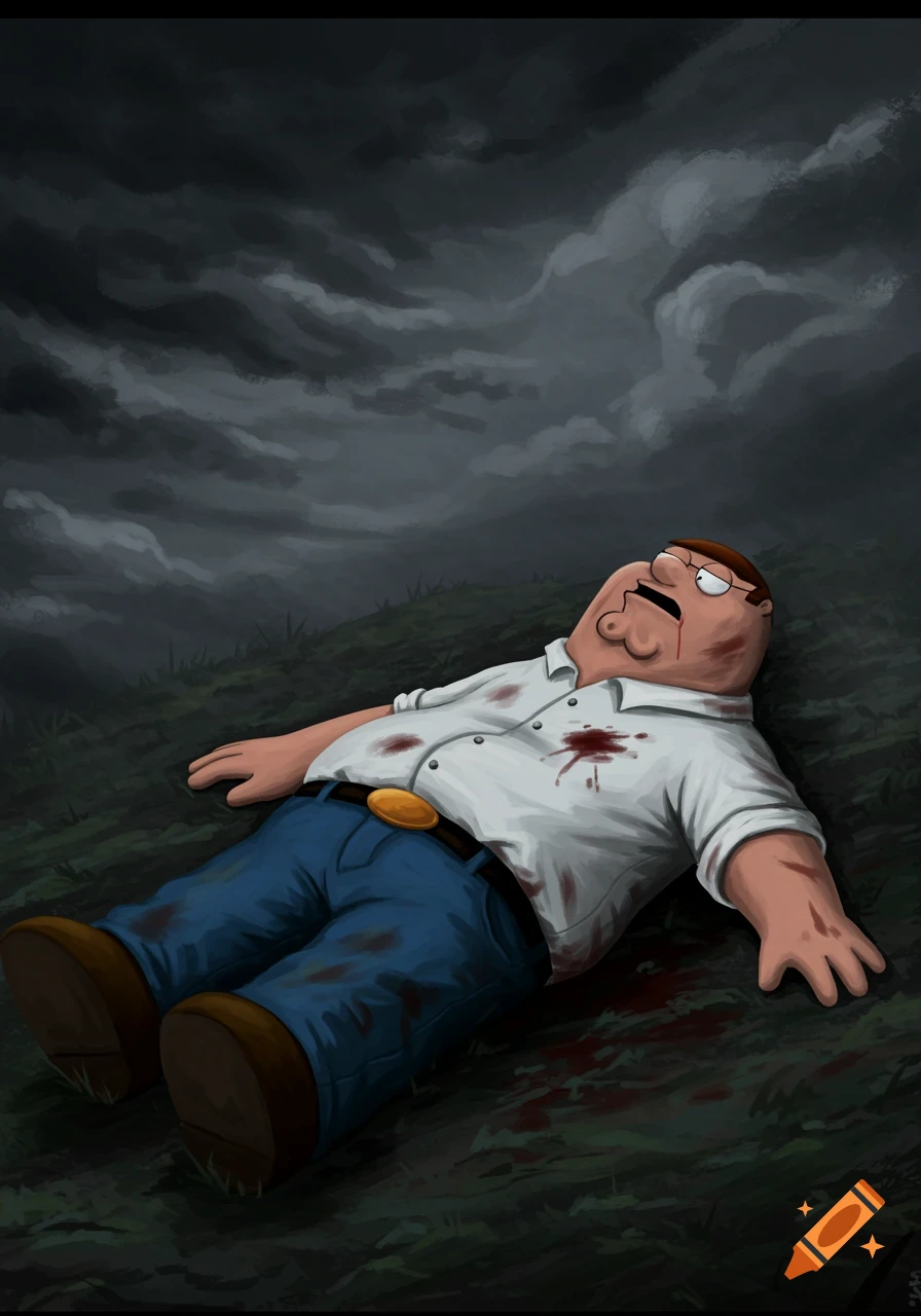 Cartoon character Peter Griffin lies dead on the ground in a dark, stormy setting with bloodstains.