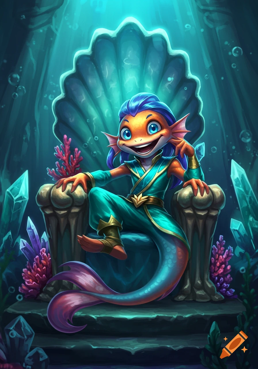 Cartoon fish character on a seashell throne in an underwater cave.