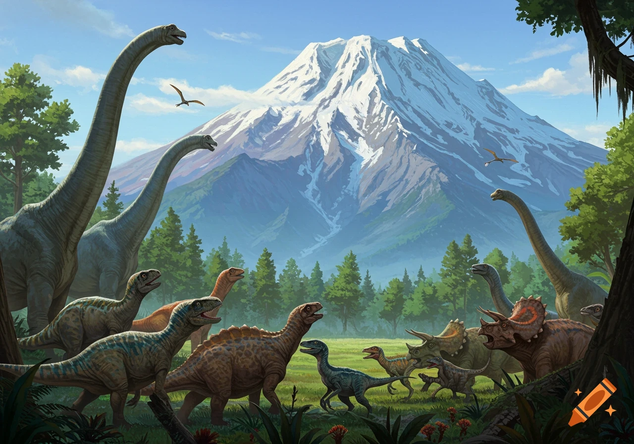 Illustration of various dinosaurs gathered in a forest clearing looking at a snowy mountain.