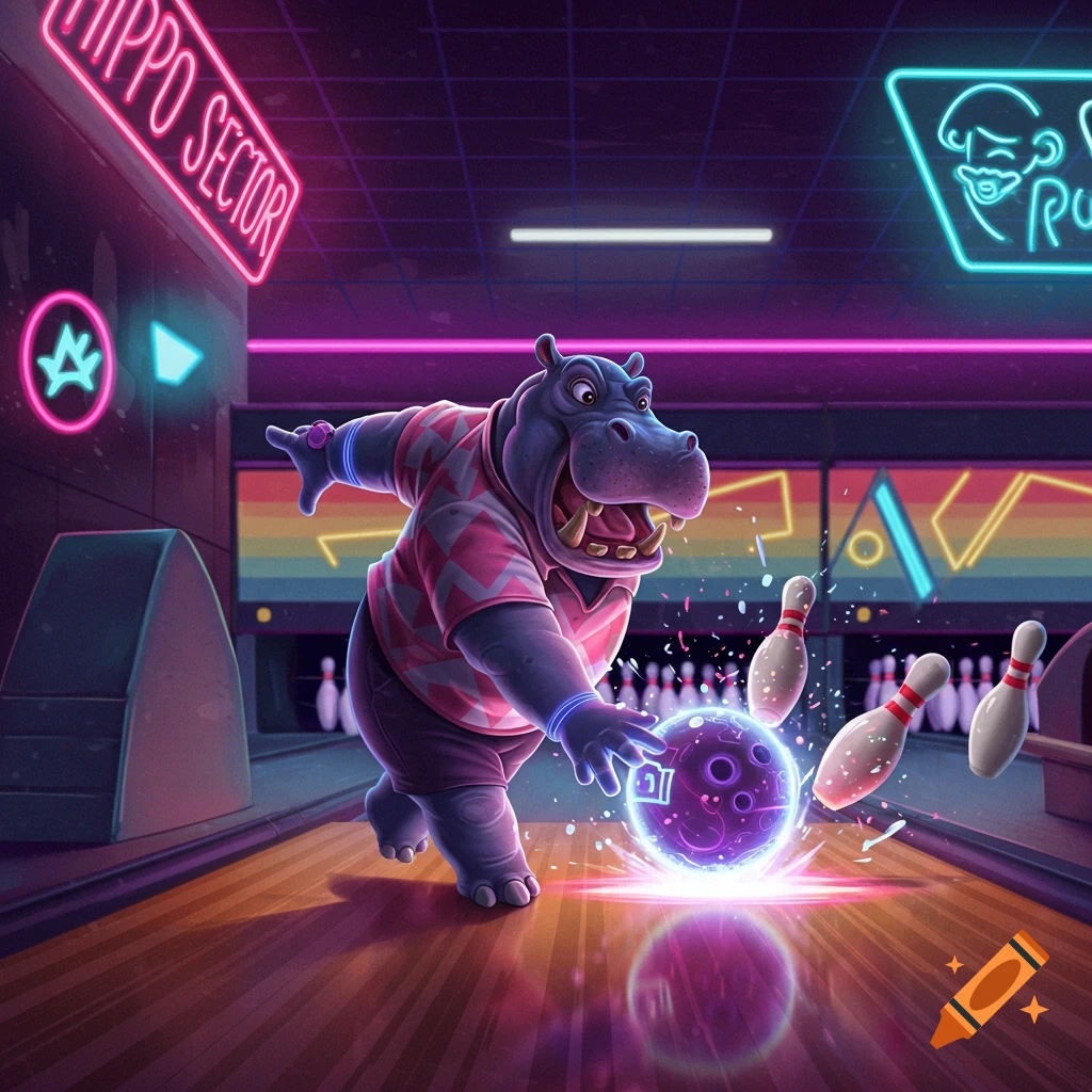 Cartoon hippo bowling in a vibrant neon alley.