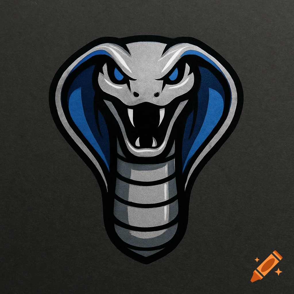 Logo of a silver cobra with blue accents, facing forward on a dark background.