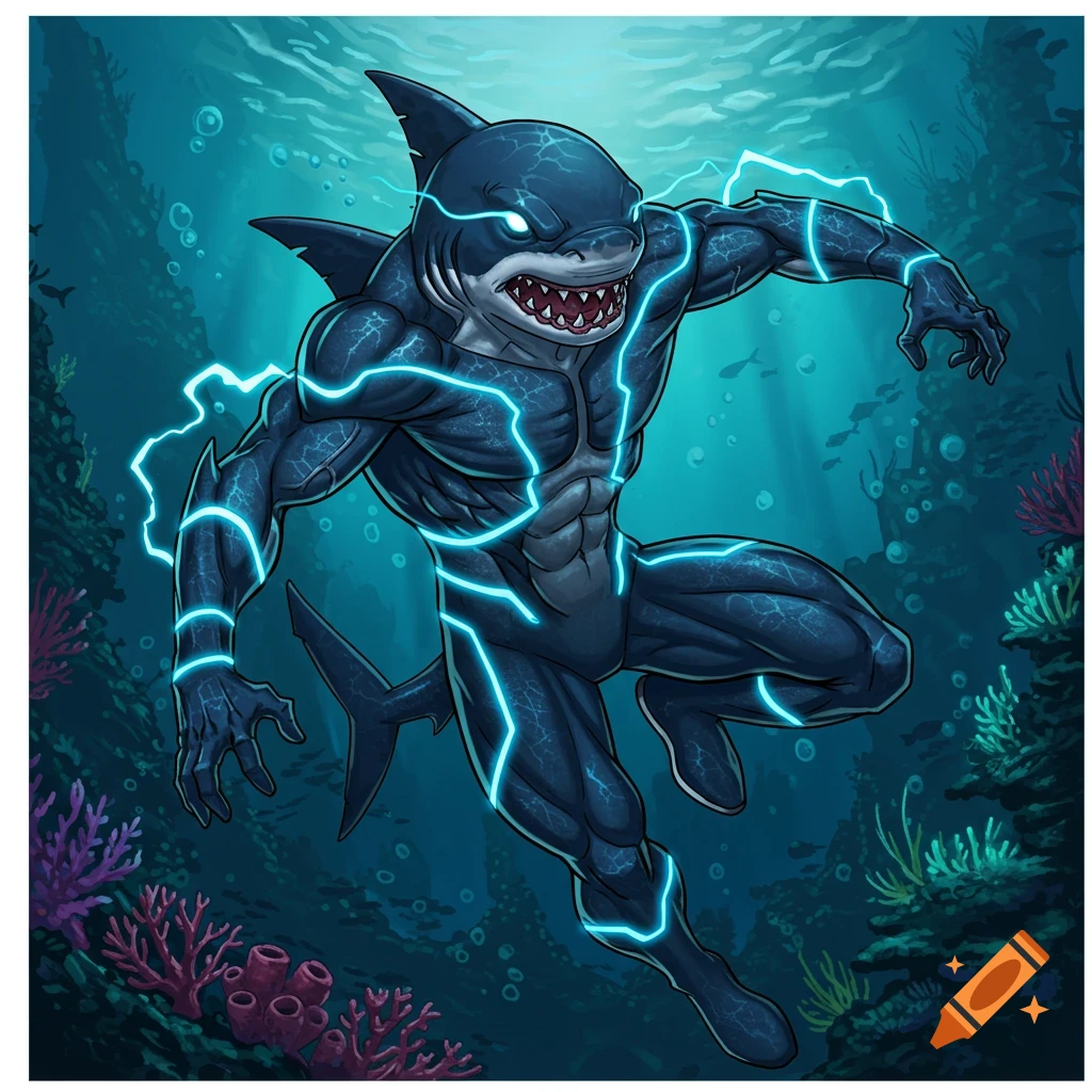 A muscular shark superhero with glowing blue lightning swims powerfully underwater.