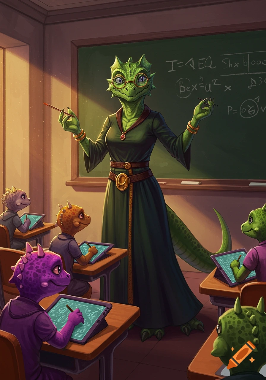An illustration of a reptile teacher lecturing young reptile students in a classroom.