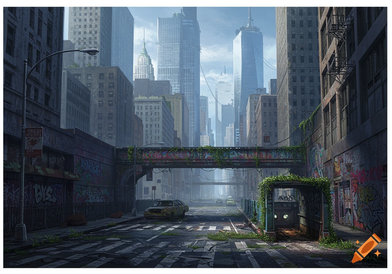 An abandoned, overgrown street in a city resembling New York, with graffiti-covered walls, damaged cars, and towering buildings in the background.