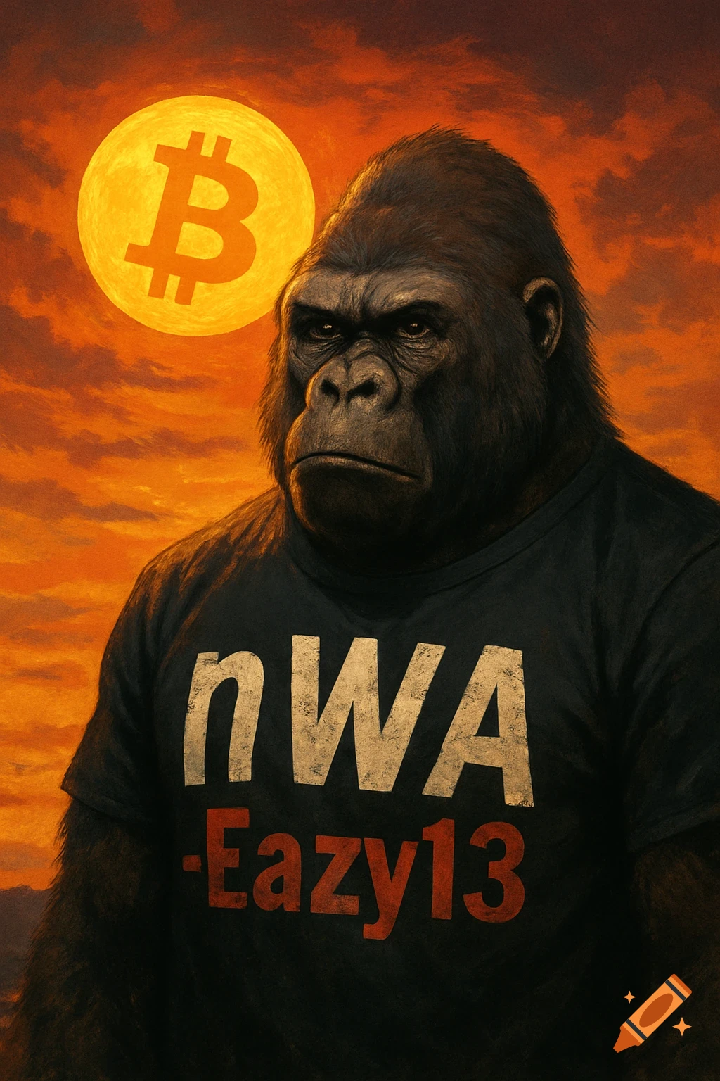A gorilla in a black t-shirt stands in front of a sunset with a Bitcoin symbol sun.