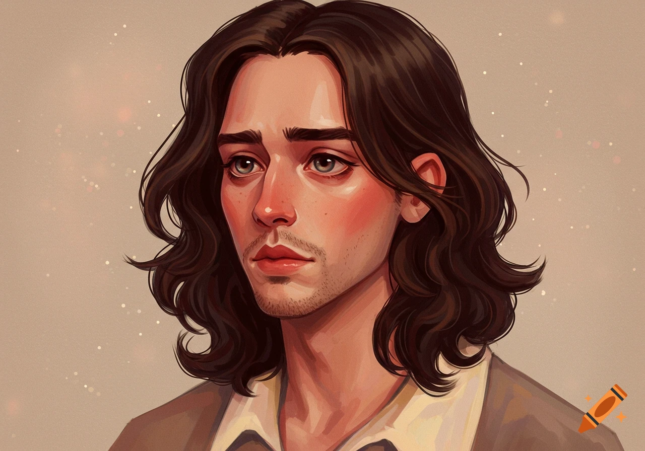 Painted portrait of a man with long brown hair. on Craiyon