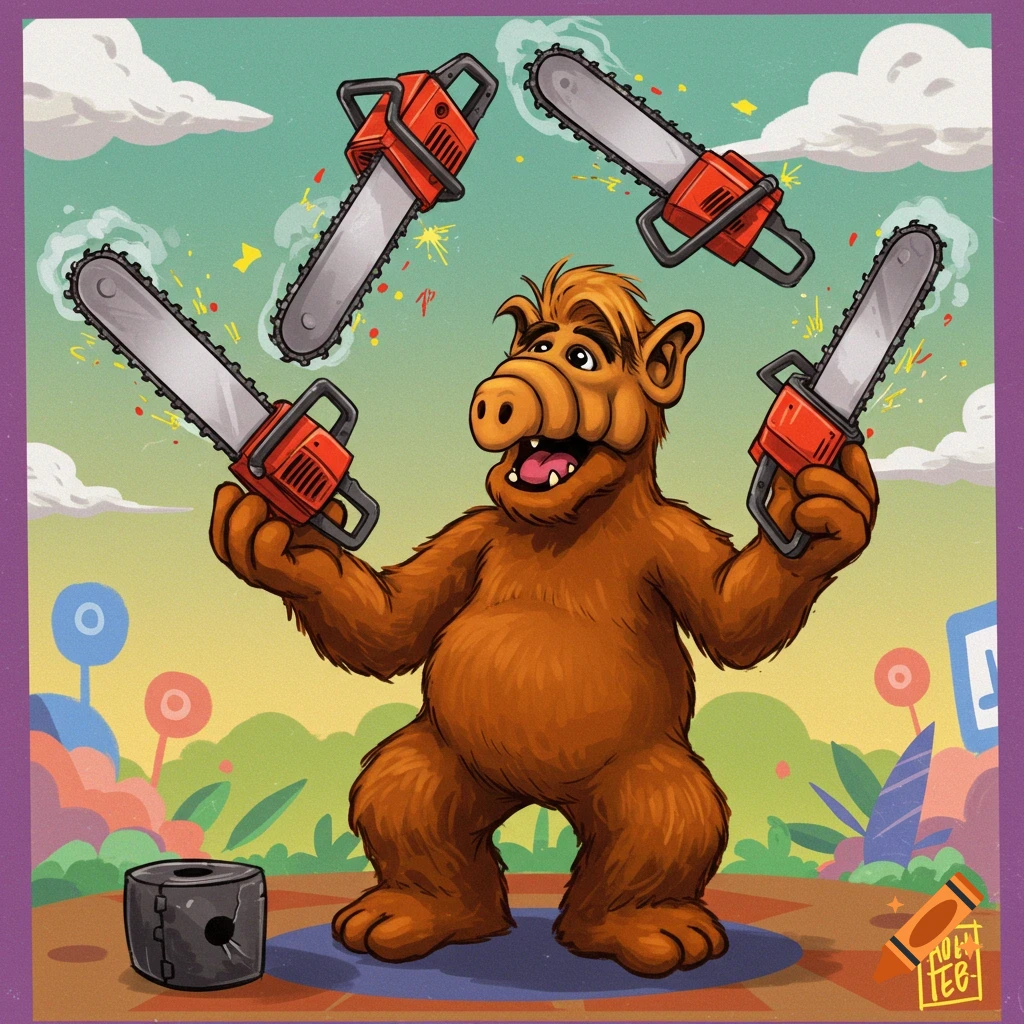 Cartoon illustration of Alf juggling four chainsaws.