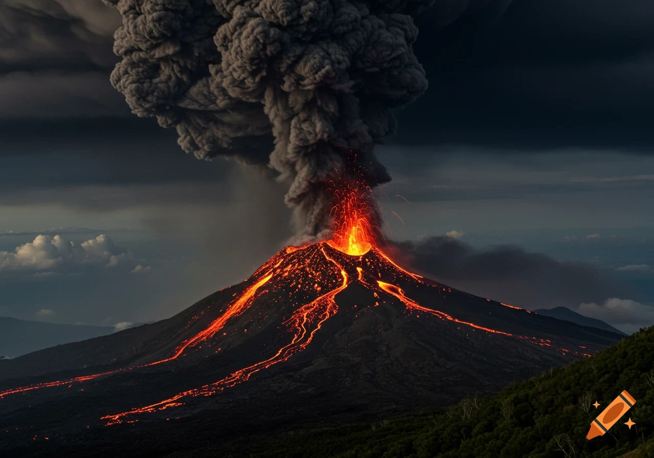 Volcano erupting with red lava flowing down its sides and a large smoke plume.