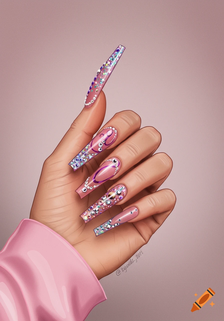 Illustration of a hand with long, pink coffin-shaped fingernails decorated with glitter, rhinestones, and abstract purple designs.
