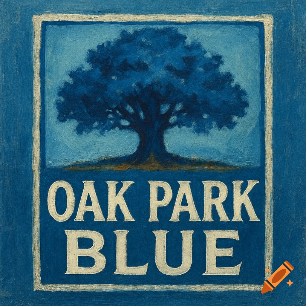 Blue painting of a large tree with the text 'OAK PARK BLUE'.
