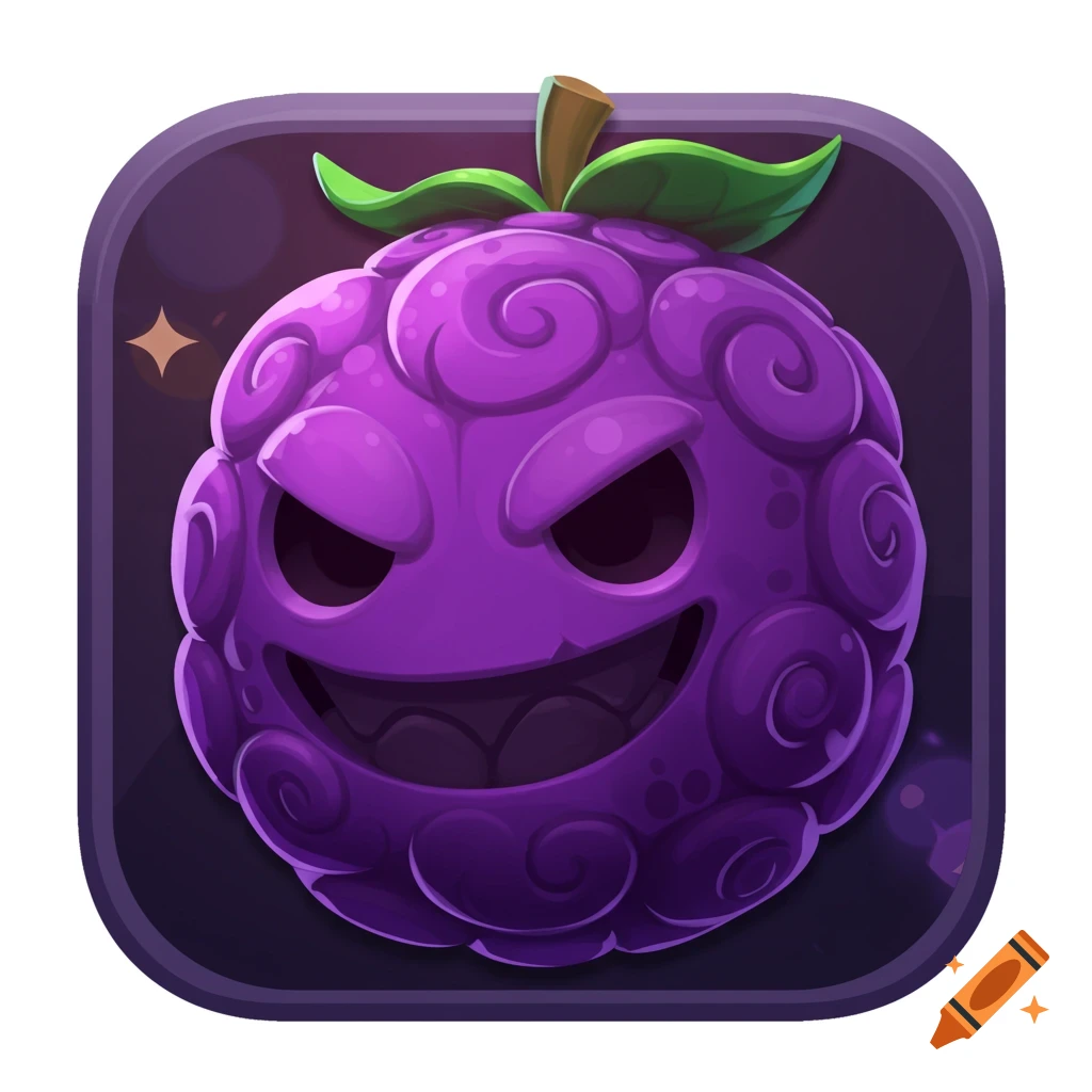 A purple cartoon fruit with a grinning face and leaves, designed as an app icon.