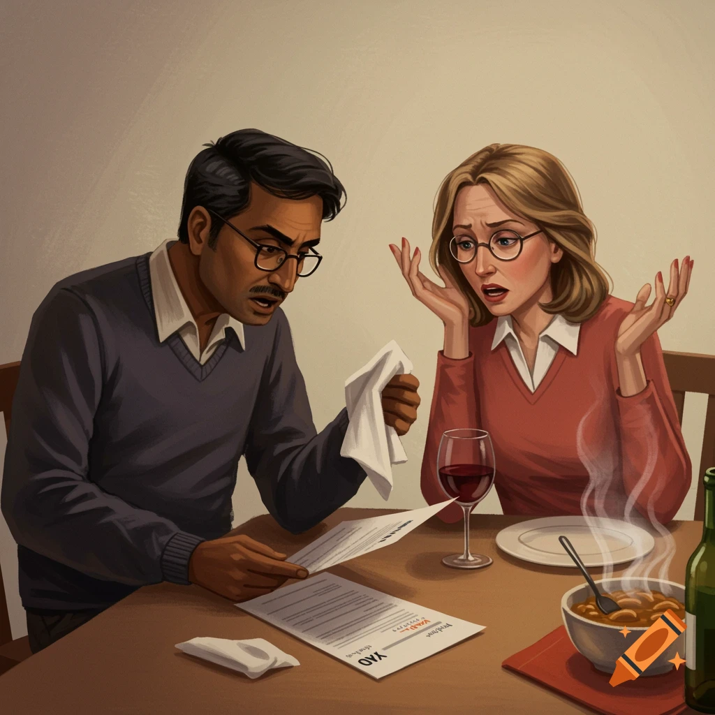 Two people looking worried while reviewing papers at a dinner table.