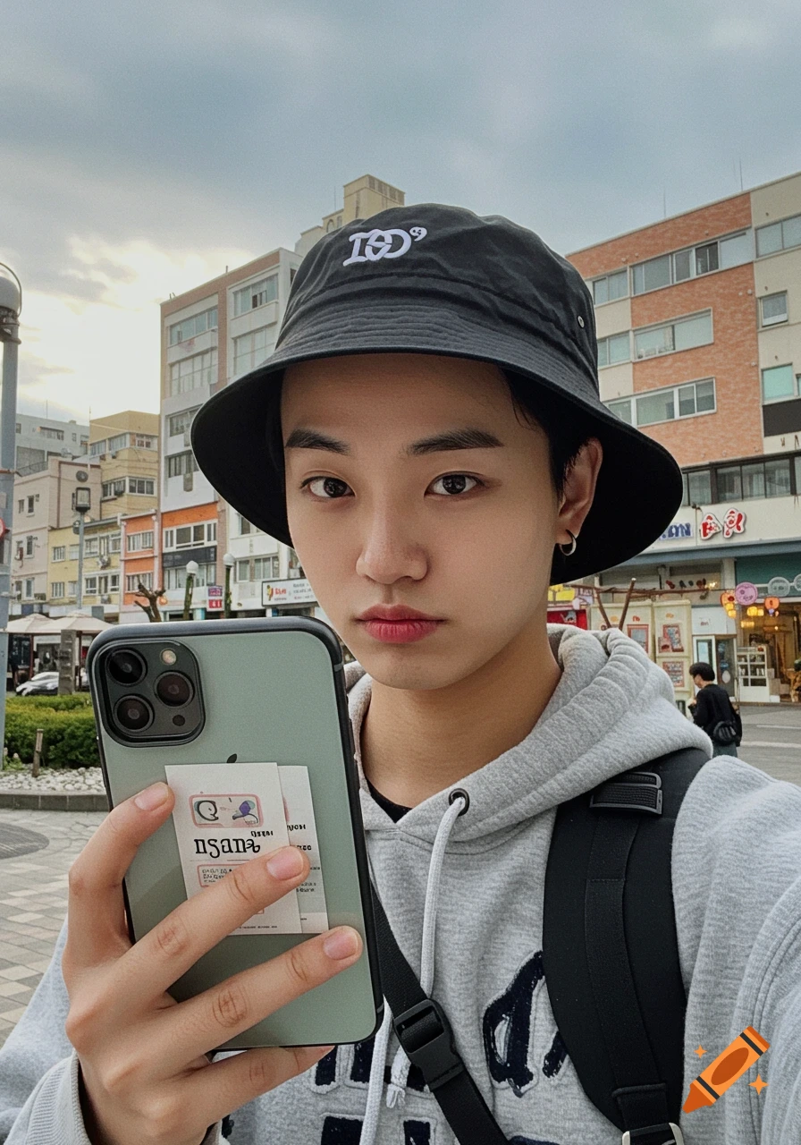 Person in a bucket hat taking a selfie on a street.