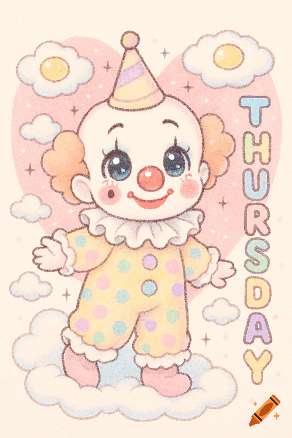 Cute pastel kawaii style cartoon clown on a cloud with the word THURSDAY.