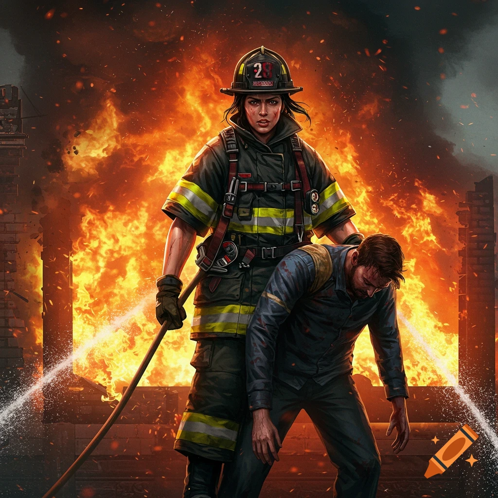 A female firefighter carries an injured man away from a raging inferno, spraying water with a hose.