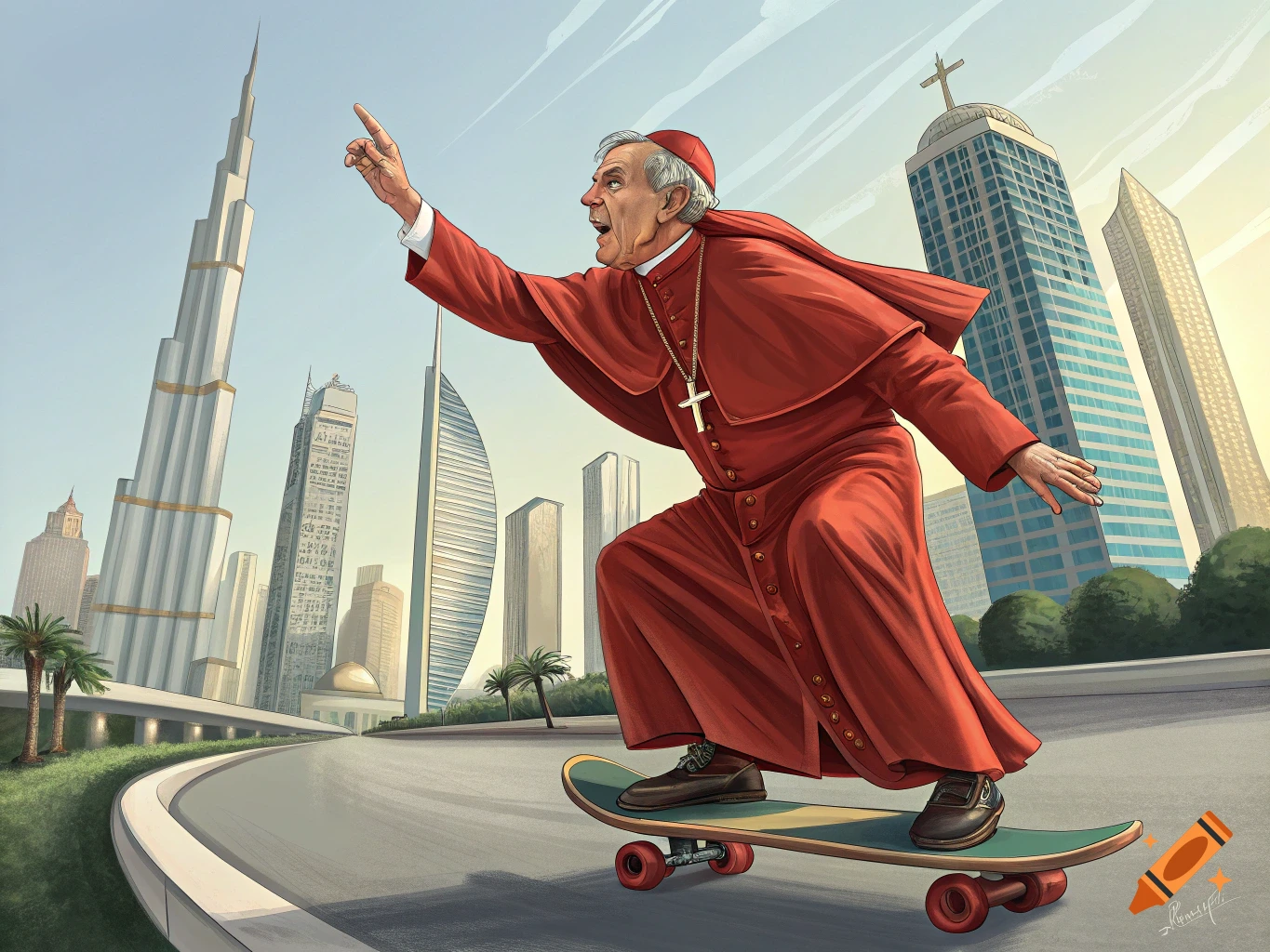 An illustration of a cardinal in red robes riding a skateboard down a road with modern city skyscrapers in the background.