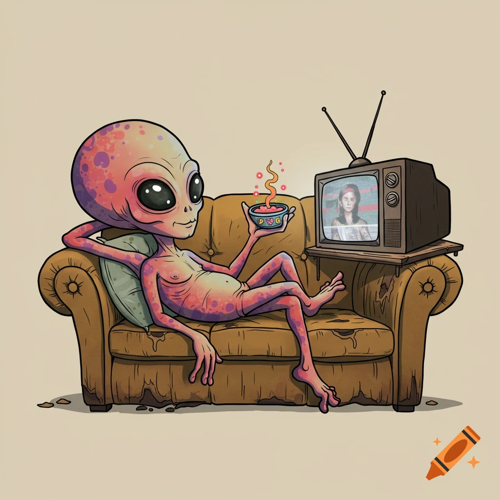 Cartoon alien reclines on a couch watching TV and holding a snack bowl ...