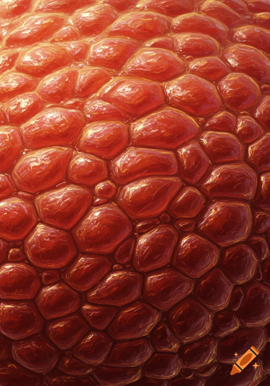 Close-up texture of red and orange organic-like bumpy surface with highlights.