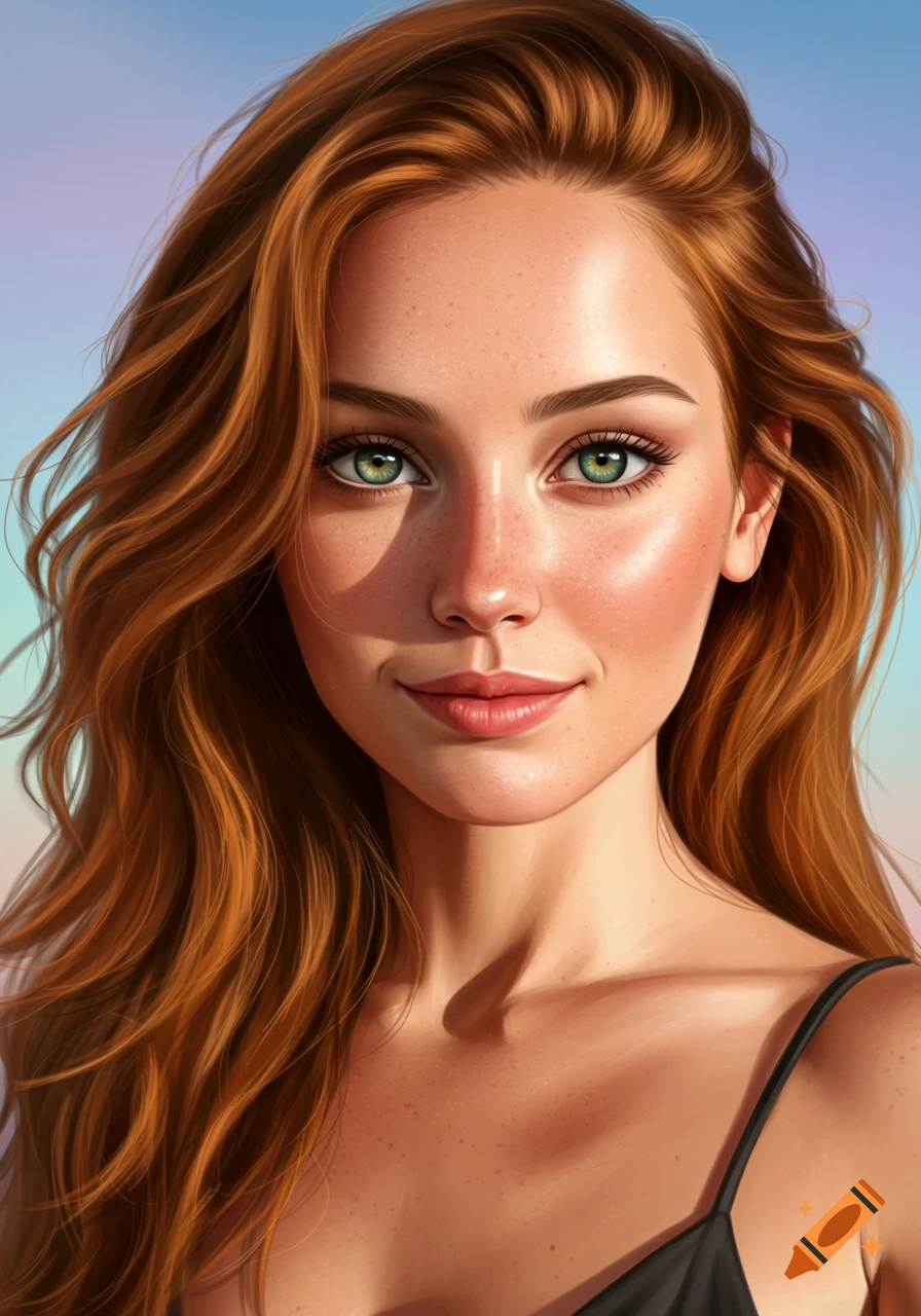 Realistic portrait of a woman with red hair, green eyes, and freckles.