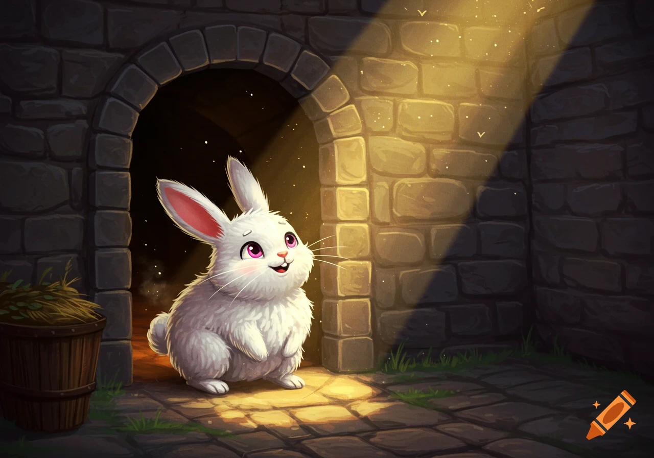A cute white cartoon bunny looks into a dark stone archway, lit by a beam of light.