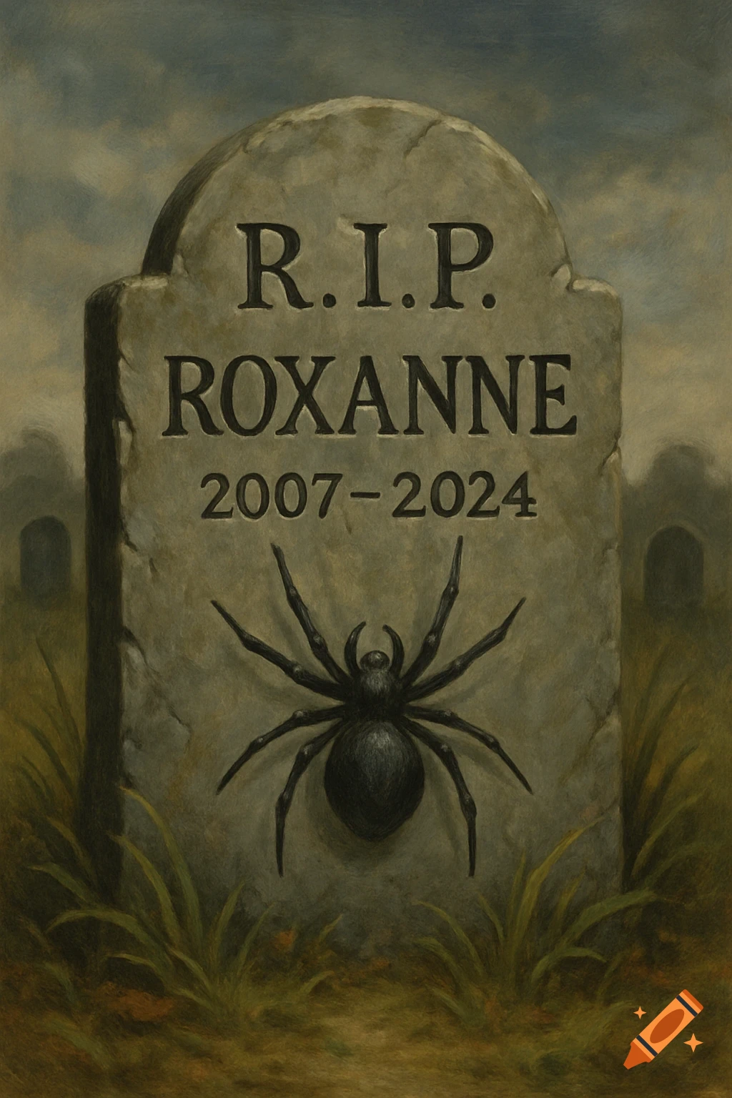 Painterly image of a tombstone with a spider on it in a graveyard. Text reads R.I.P. ROXANNE 2007-2024.