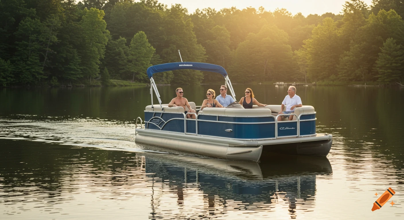 People on a pontoon boat on a lake at sunset.