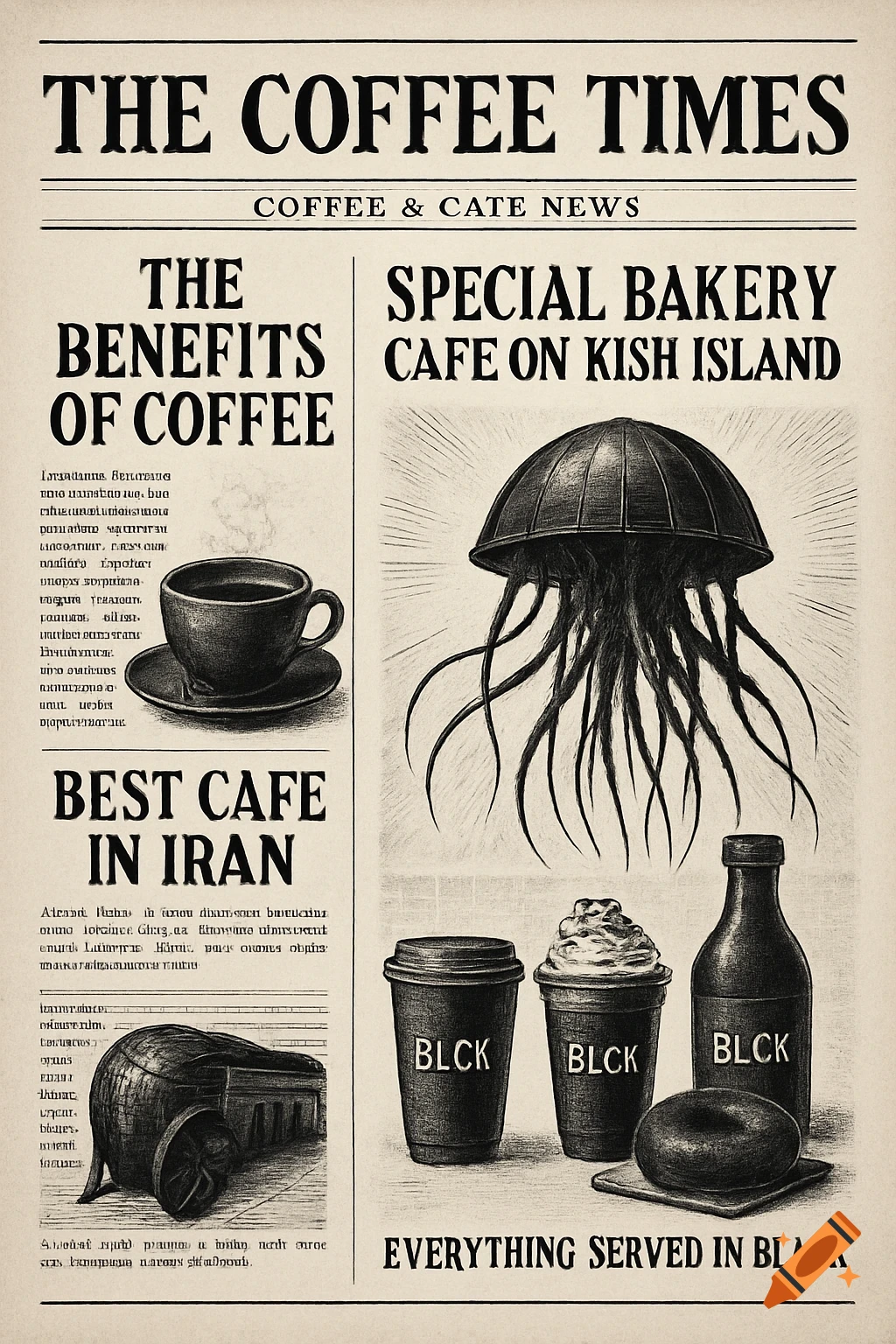A newspaper page with headlines, body text, and illustrations about coffee and a cafe. Illustrations include a coffee cup, a jellyfish sculpture, and drinks/food labelled 'BLCK'.