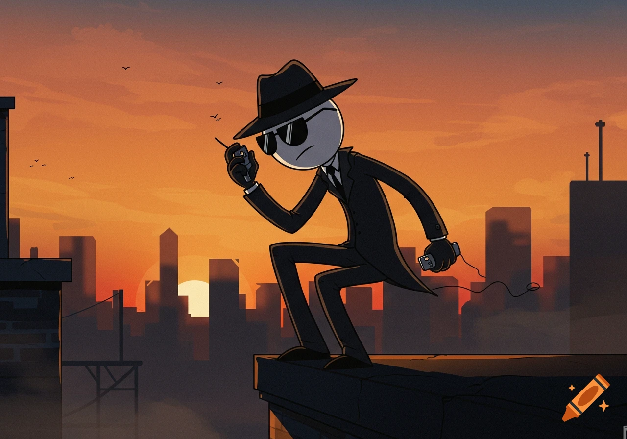 Cartoon stickman spy on a rooftop at sunset holding a walkie-talkie with a city skyline behind him.