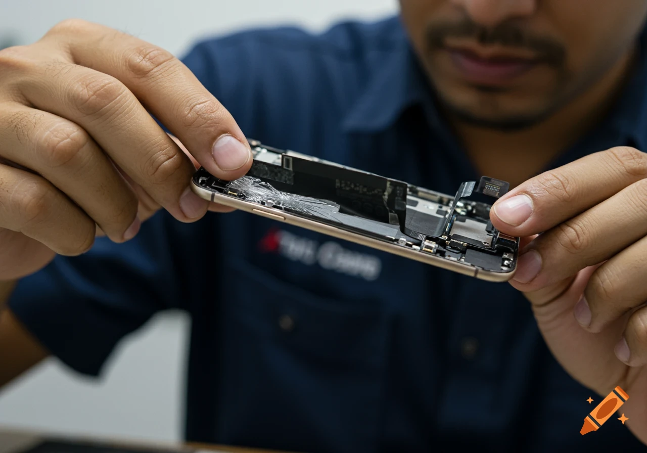A technician holds a broken smartphone, revealing its internal components during repair.