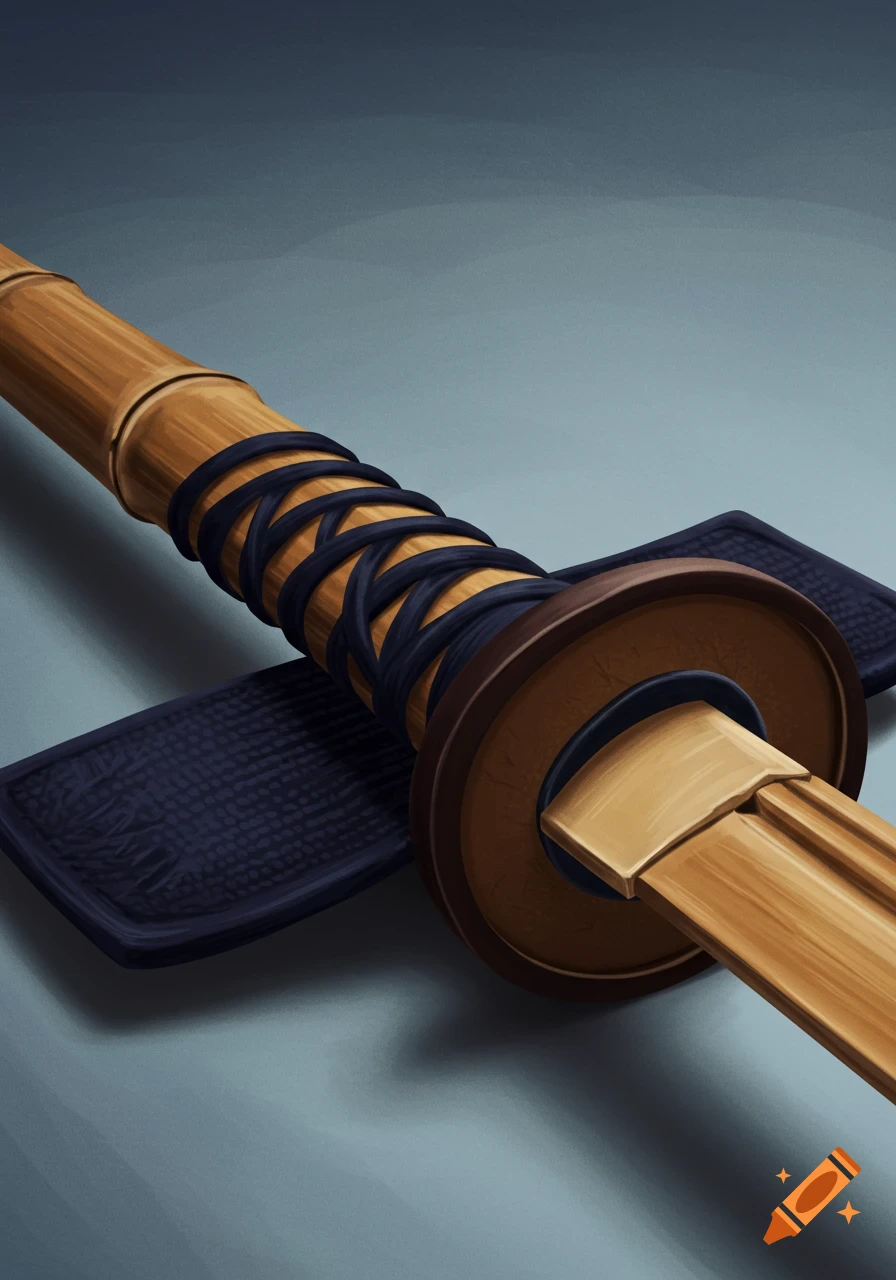 Close-up of a kendo sword handle wrapped in dark cord, resting on a dark scabbard.