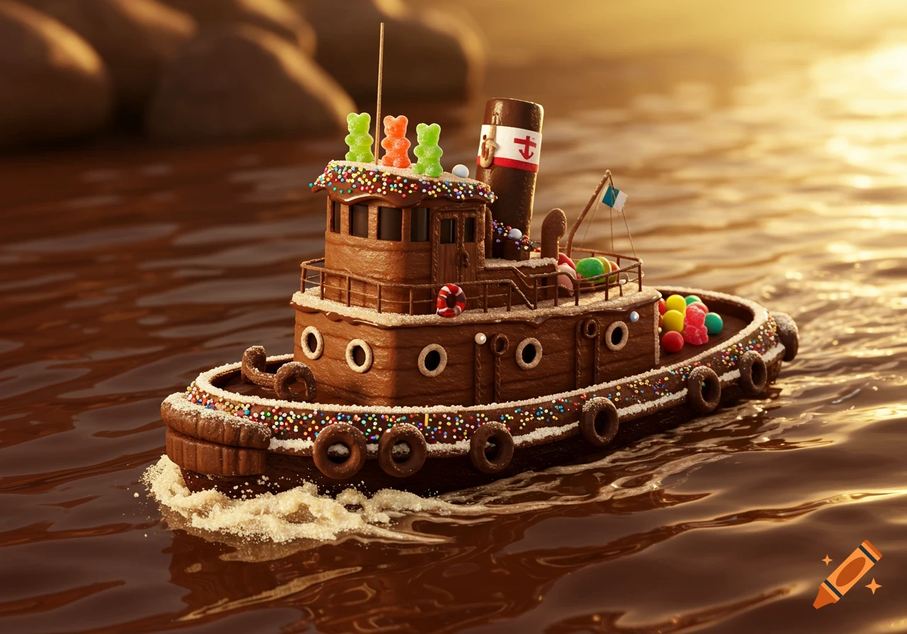 Realistic photo of a tug boat made from chocolate cake and candy floating on chocolate water.