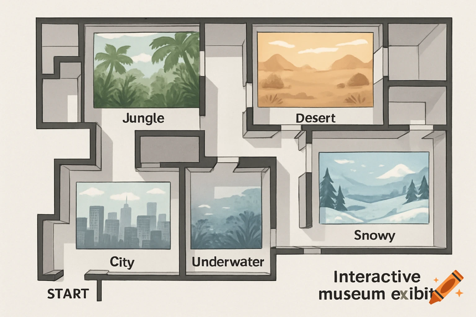 Illustrated floor plan of a museum exhibit with rooms for different environments.
