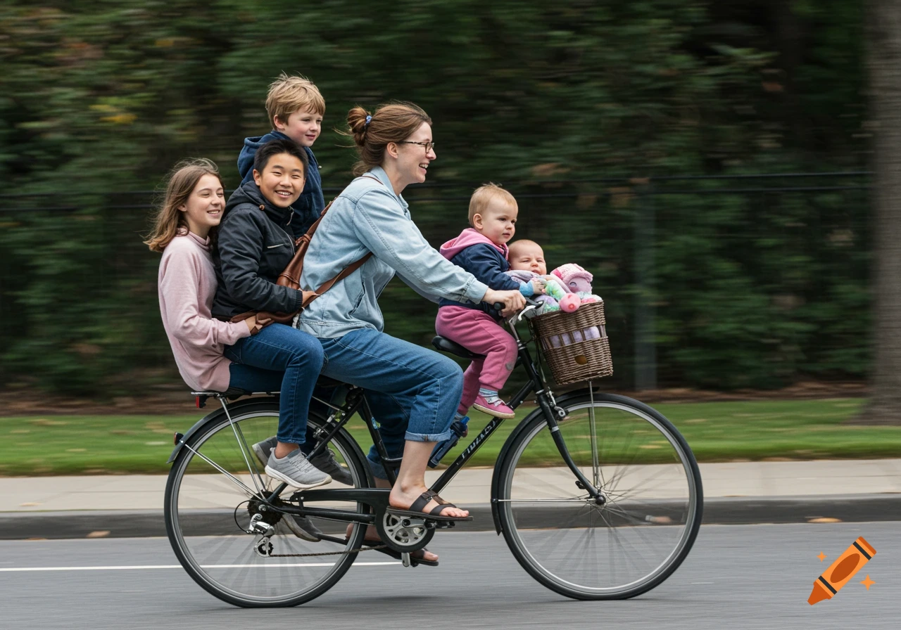 A woman rides a bike with children riding behind and in a front basket.