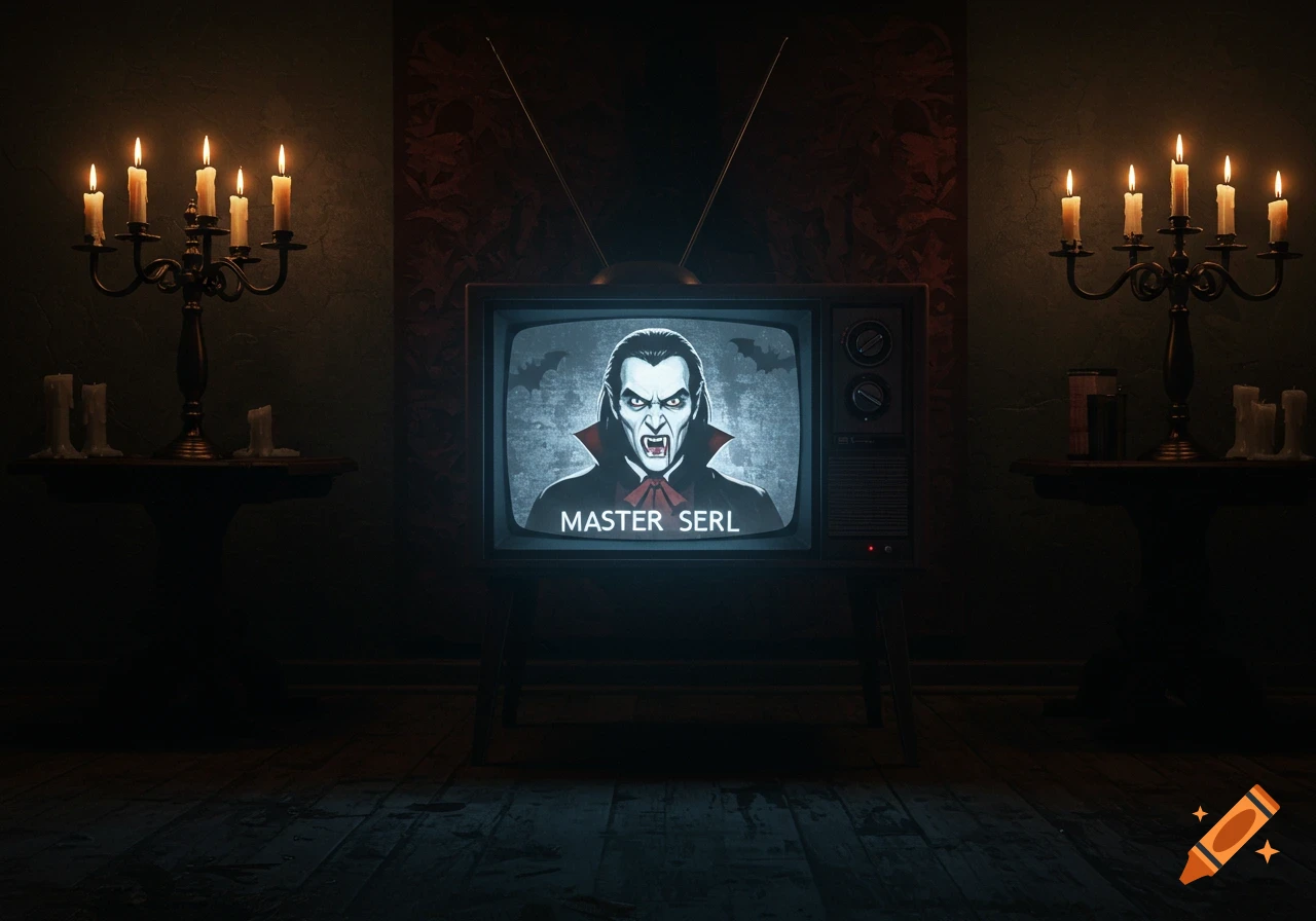 Vintage TV screen shows a stylized vampire face with text 'MASTER SERL' below it, in a dimly lit room with candelabras.