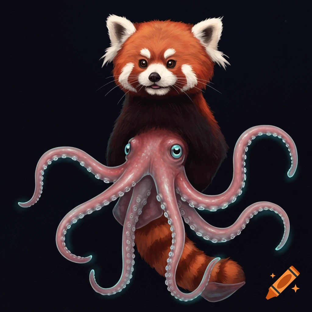 Illustration of a red panda combined with a pink octopus on a dark background