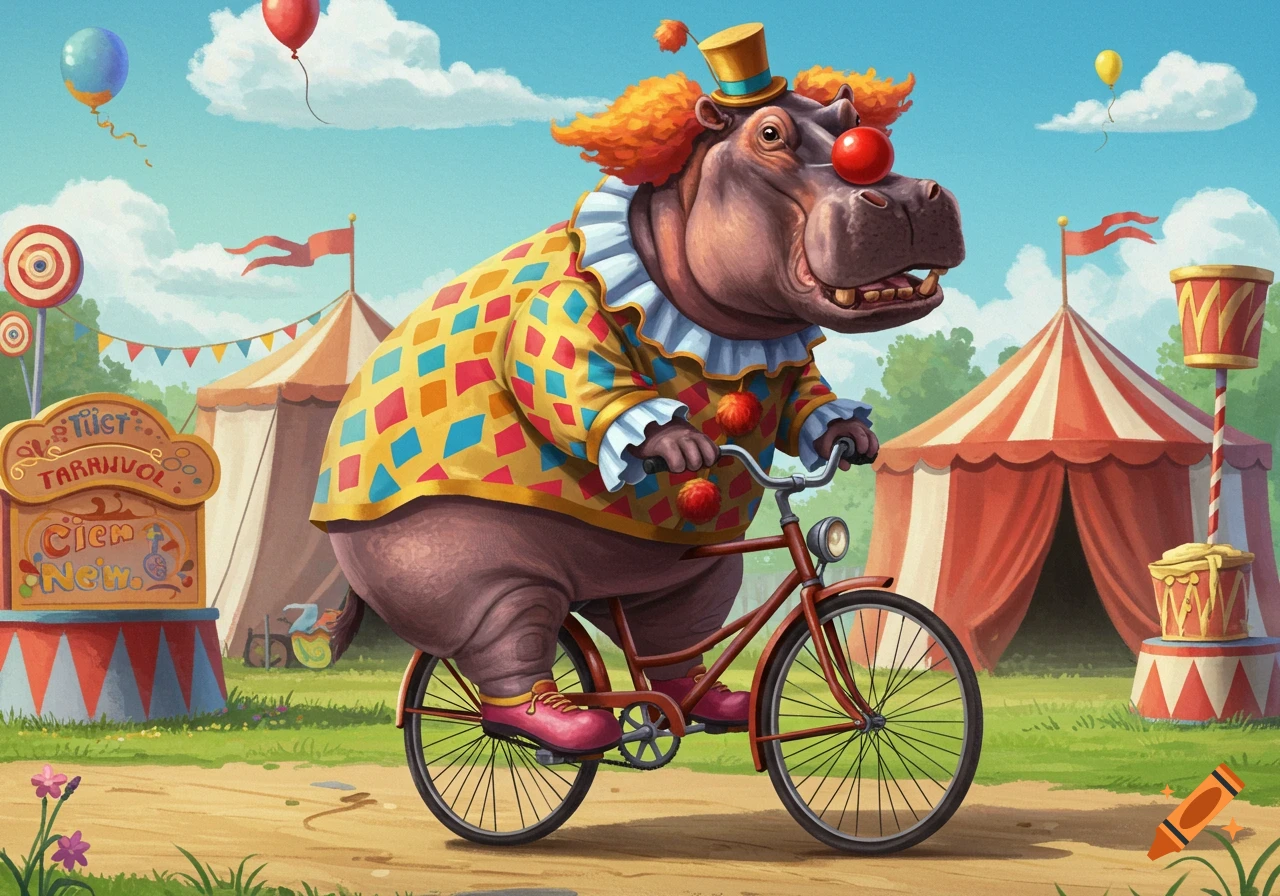 A cartoon hippo in a clown suit rides a bicycle at a colorful circus. Digital illustration.