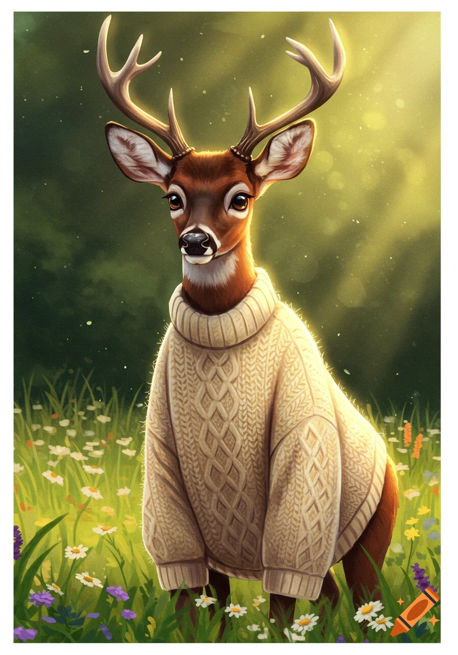 A deer wearing a cable-knit sweater stands in a field of flowers.