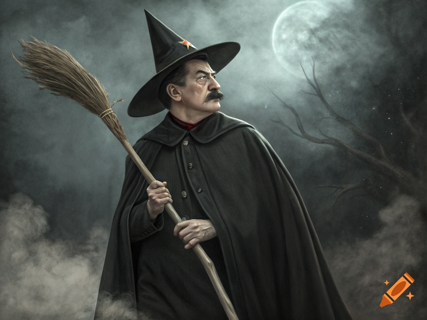 Portrait of Joseph Stalin dressed as a witch with a broom against a full moon.