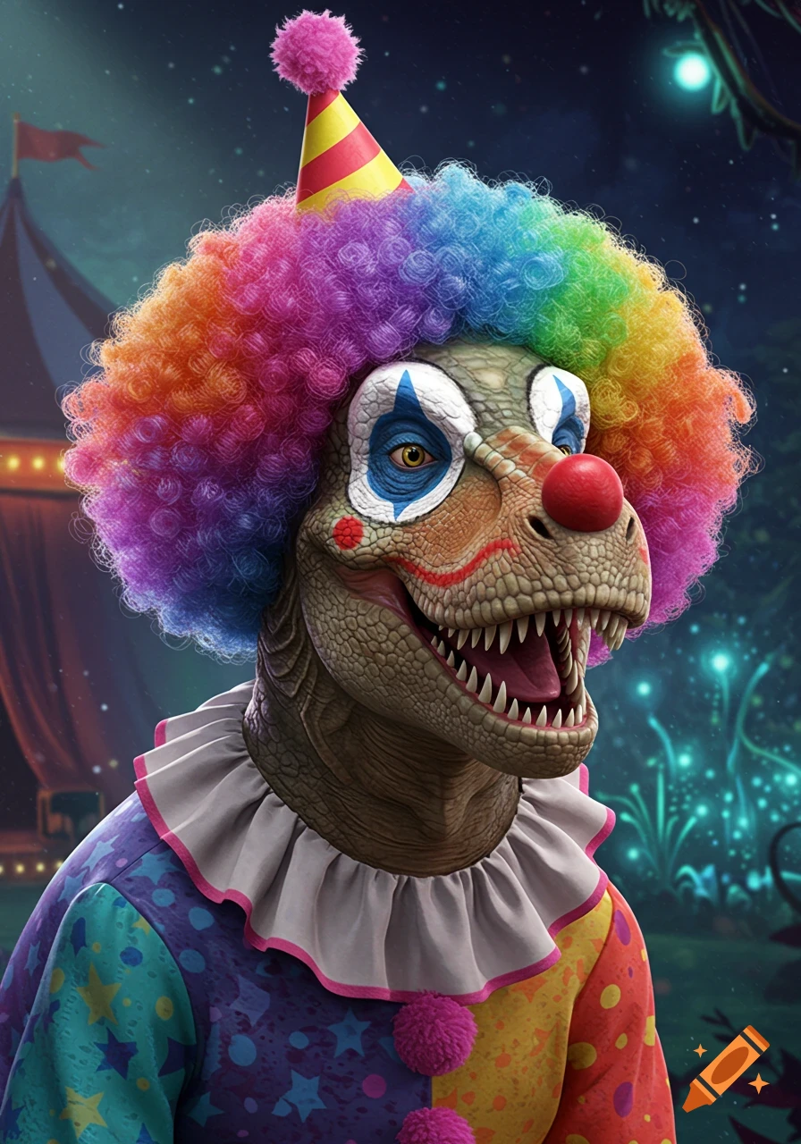 A dinosaur in a colorful clown costume and hat at a circus.