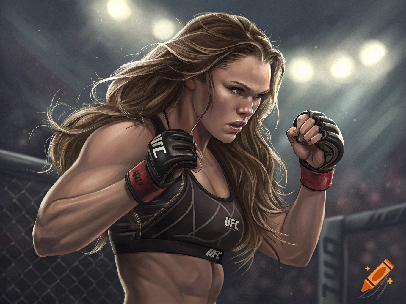 Illustration of a female MMA fighter in a cage ring, in a fighting stance.