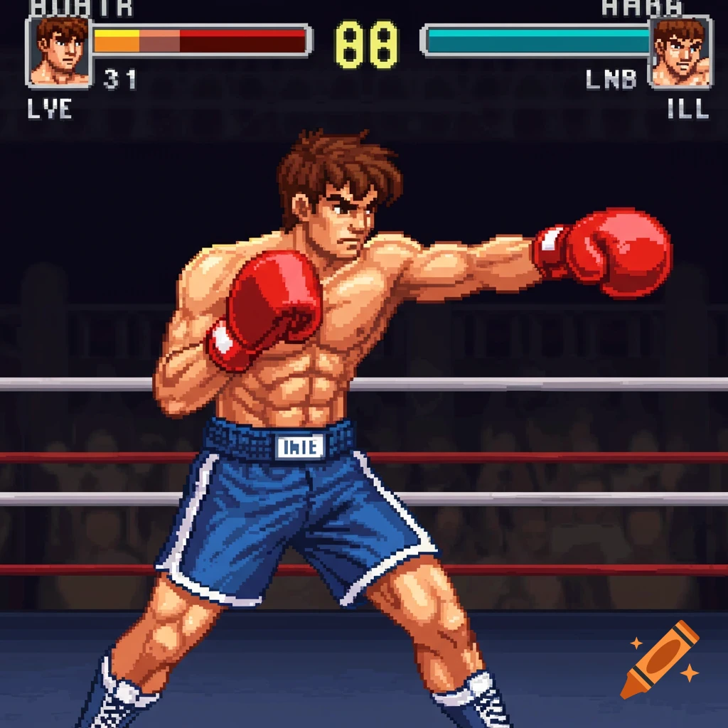 Pixel art boxer in a fighting game ring.