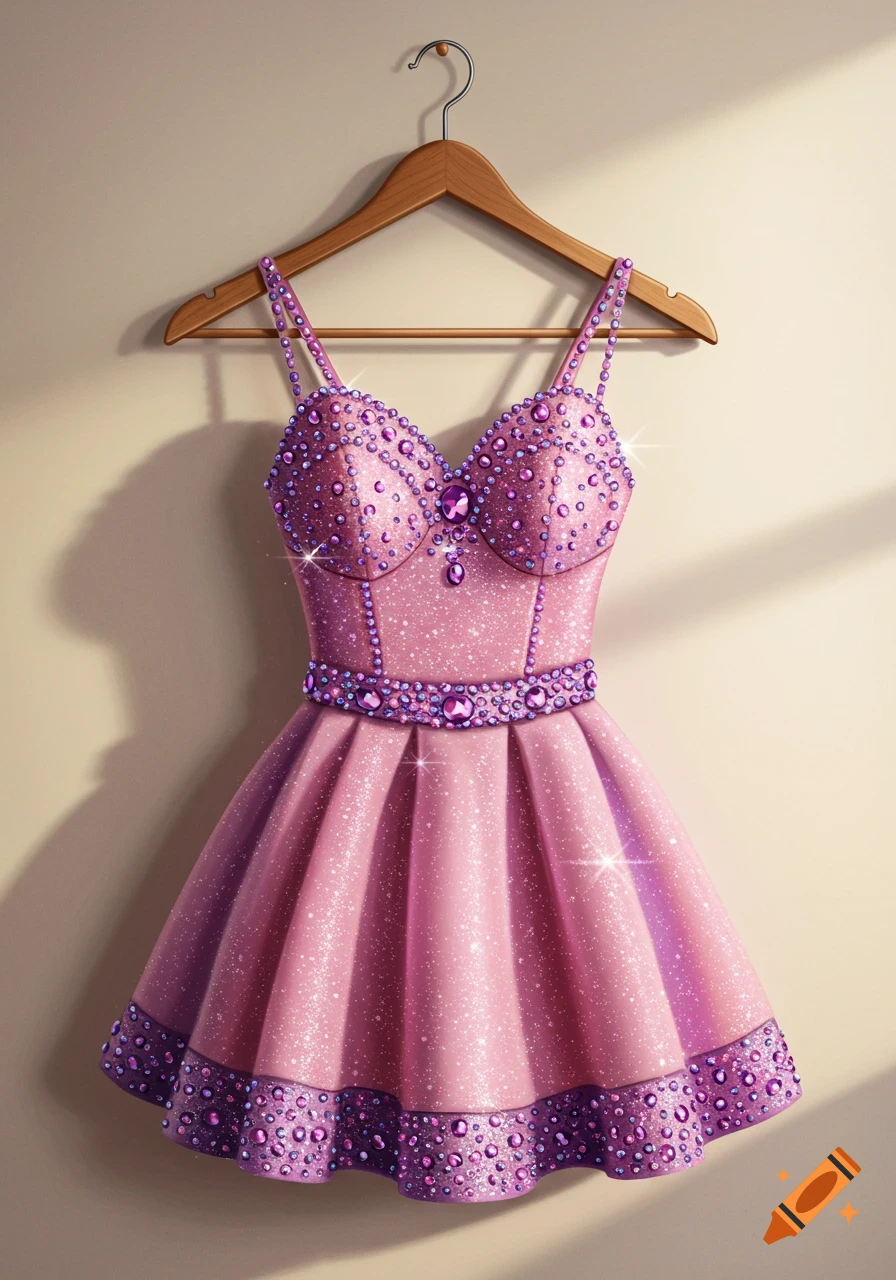 A sparkly pink and purple dress covered in gems hangs on a wooden hanger.