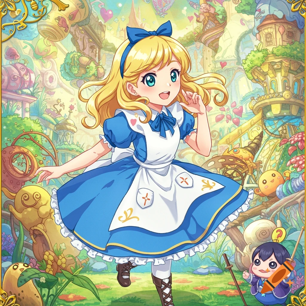 Anime girl in Alice in Wonderland dress skipping through a vibrant fantasy landscape.