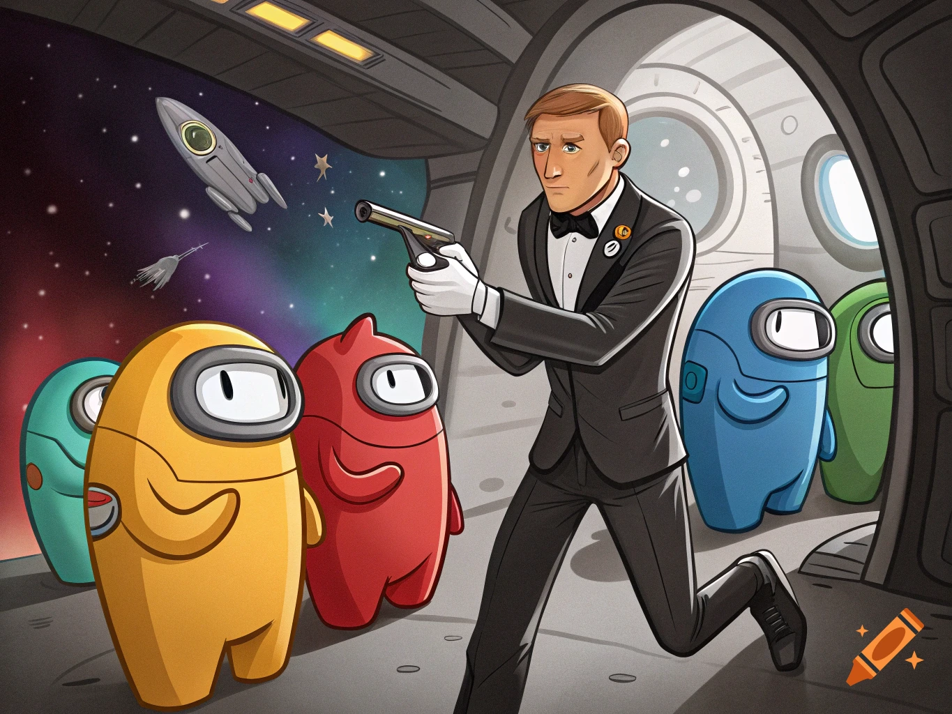 James Bond points a gun at Among Us characters in a spaceship. Cartoon illustration.