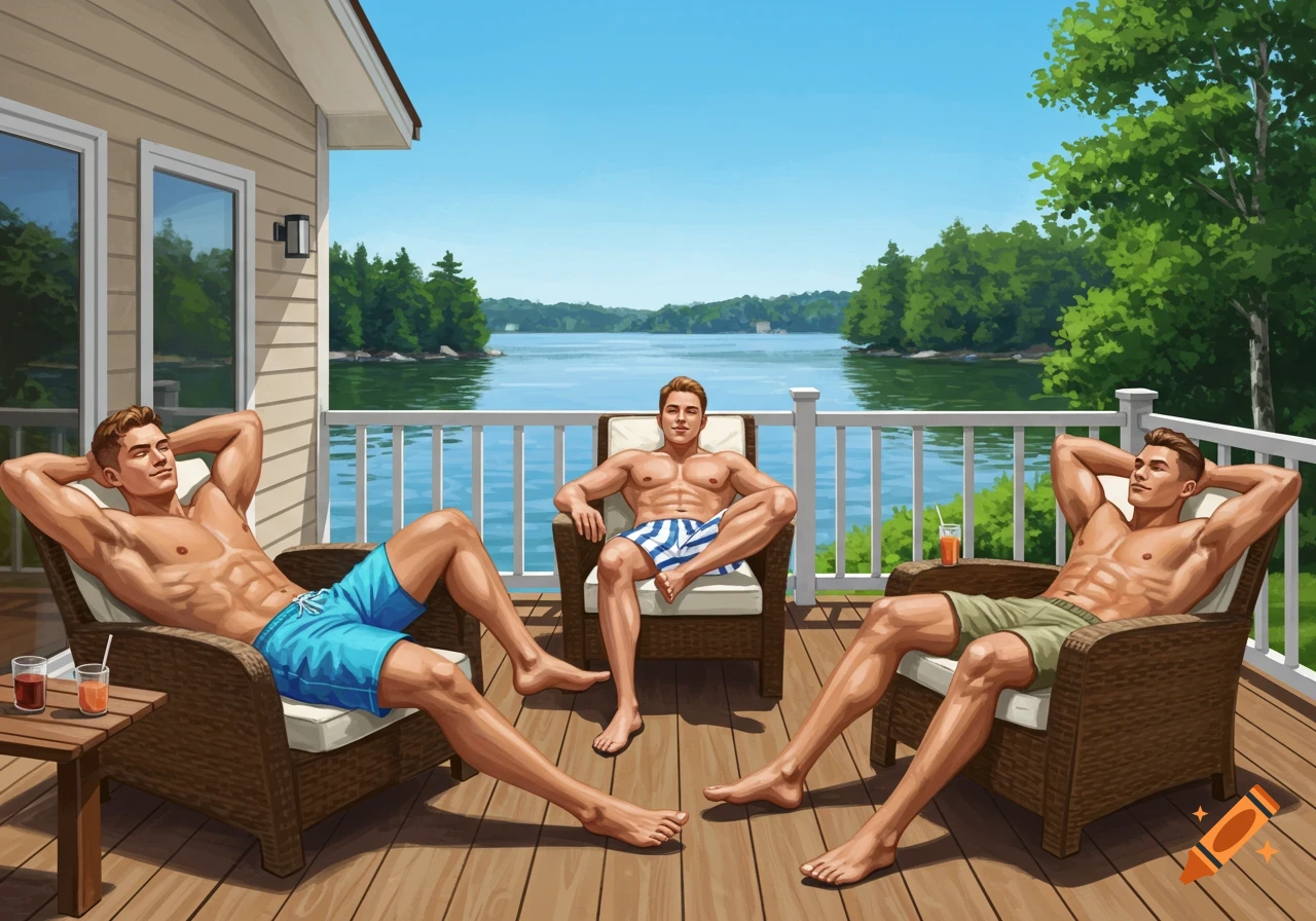 Three muscular men relax in chairs on a deck overlooking a lake