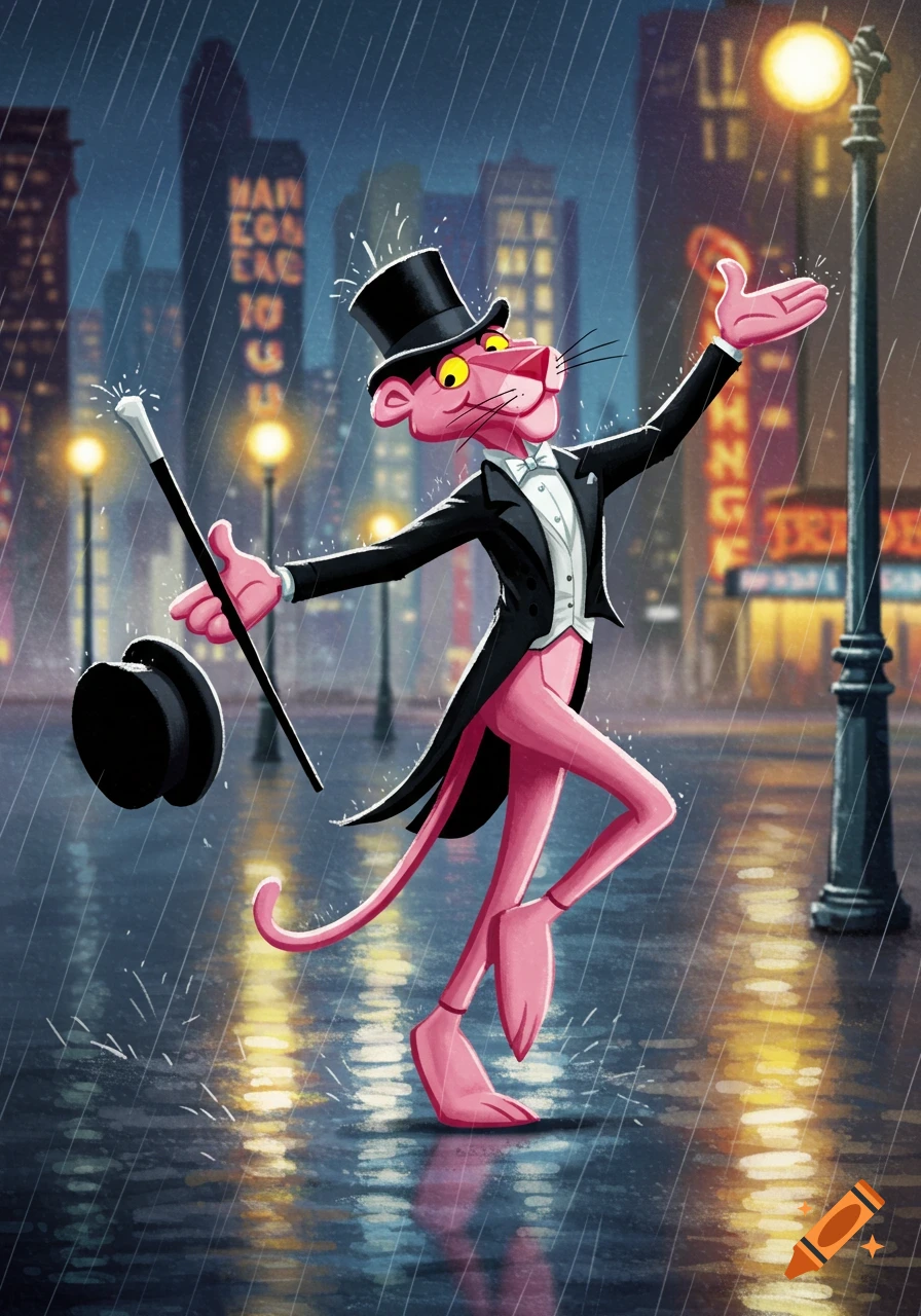 Pink Panther in a top hat and tails dances in the rain in a city street.